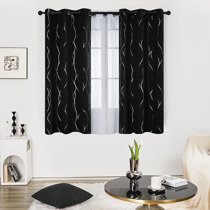 Deconovo Short Blackout Curtains, Black Drapes, Thermal Insulated Soundproof Grommet Curtain, Wave Line Dot Foil Print, 38 x 54 Inch, 2 Panels, Machine Washable Window Panel for Small Windows Kitchen