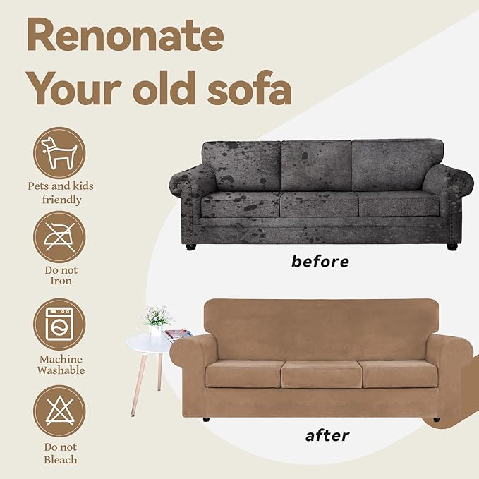 WEERRW 4 Pieces Polyester and Spandex High Stretch Couch Covers for 3 Cushion Couch Sofa Slipcovers, Furniture Protector with Non Slip Elastic Bottom, Feature Soft and Thick Plush Fabric, Camel, Large