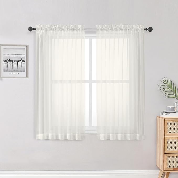 OWENIE Sheer Ivory Curtains 84 Inch Length 2 Panels Set for Living Room Bedroom, Rod Pocket Voile Sheer Panel Drapes, Ivory, 2pcs, Each 42" W x 48" L
