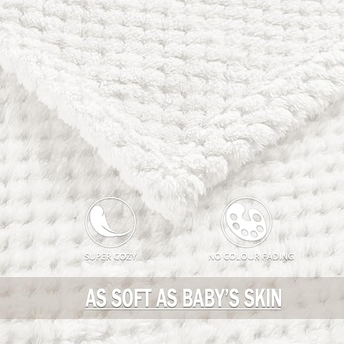 Exclusivo Mezcla Fleece Bed Blanket Twin Size, Super Soft and Warm Blankets for Couch, Sofa and Bed Waffle Textured, Cozy, Fuzzy and Lightweight (Pure White, 90x66 Inches)