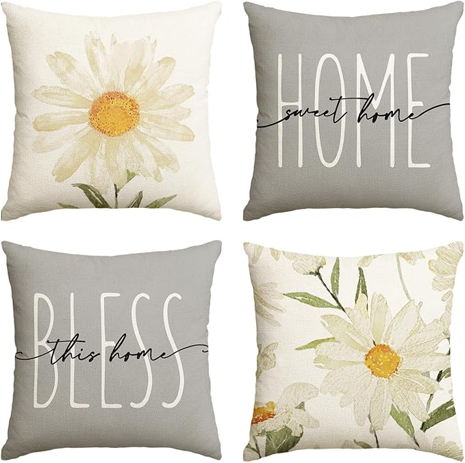 AVOIN colorlife Home Sweet Home Spring Summer Flowers Throw Pillow Covers, 18 x 18 Inch Grey Cushion Case for Sofa Couch Set of 4