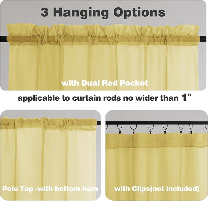 Chyhomenyc Mustard Yellow Sheer Valances for Windows - Light Filtering Small Kitchen Curtains, Short Top Window Treatment Decor for Living Room Bathroom Basement, 42Wx14L inches, 2 Pack