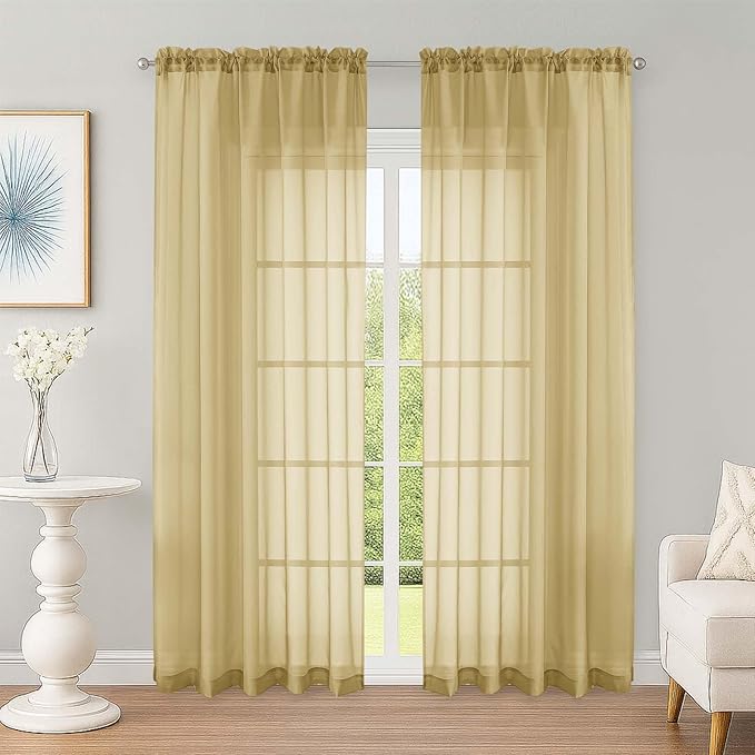 OWENIE Sheer Curtains 84 Inches Long 2 Panels Set, Sheer Gold Curtains for Living Room Bedroom 59 Inch Extra Wide, Modern Voile Filmy Rod Pocket Drapes, 2 Pcs, Each 59 W x 84L, Gold