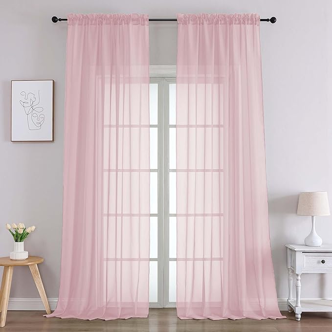 Chyhomenyc Blush Pink Sheer Curtains 96 Inches Long 2 Panels, Light Filtering Blush Pink Curtains for Living Room, Soft Gentle Voile Rod Pocket Bedroom Window Drapes, 59Wx96L Inch, 2PCS