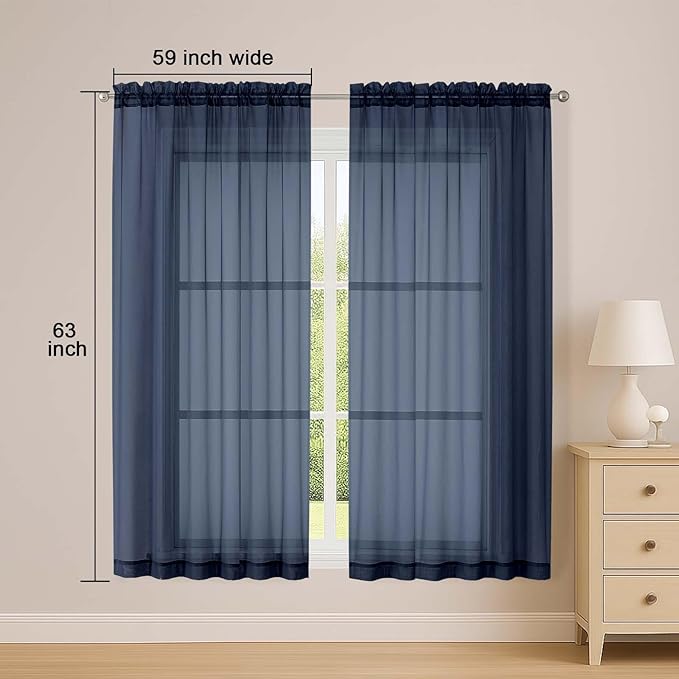 OWENIE Sheer Navy Blue Curtains, Sheer Curtains 63 inch Length 2 Panels Set, Rod Pocket Voile Fimly Sheer Drapes for Living Room Bedroom, 2pcs, Navy Blue, Each 59" W x 63" L
