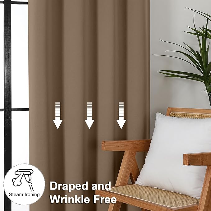 Simplebrand Ava Brown Blackout Curtains for Bedroom 84 Inch Length 2 Panels Set, Solid Thermal Insulated Privacy Living Room Window Treatment Curtains Blackout Drapes, W50 x L84 Inch, Brown