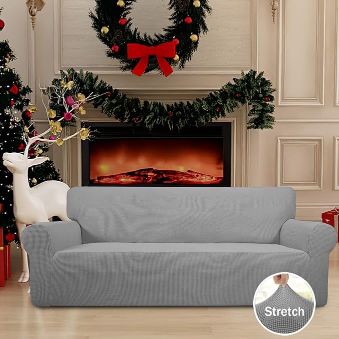 Easy-Going Stretch Sofa Slipcover 1-Piece Sofa Cover Furniture Protector Couch Soft with Elastic Bottom for Kids, Polyester Spandex Jacquard Fabric Small Checks (Sofa, Light Gray)