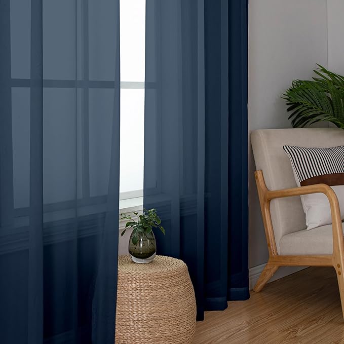Chyhomenyc Extra Long Sheer Window Curtain Panels 120 Inch 2 PCS, Rod Pocket Durable Soft Touching Backdrop Drapes Window Treatment for Living Room/Farmhouse/Hotel, 42W x 120L inches, Navy Blue, 10 FT