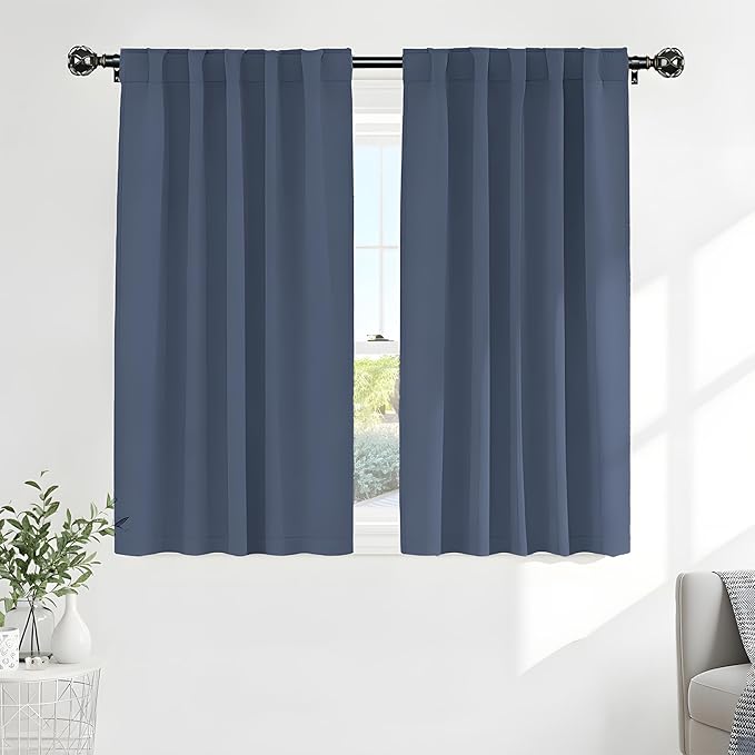 PONY DANCE Window Curtains Drapes - Energy Saving Back Tab/Rod Pocket Room Darkening Thermal Draperies Heavy-Duty for Kitchen, 52 by 54 inch, Blue Haze, 2 Panels
