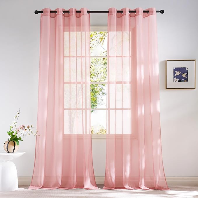 NICETOWN Voile Sheer Baby Pink Curtains for Girls Room, Grommet Light Filtering Sheer Window Treatments Airy & Elegant for Nursery/Bedroom, 2 Panels, W54 x L84