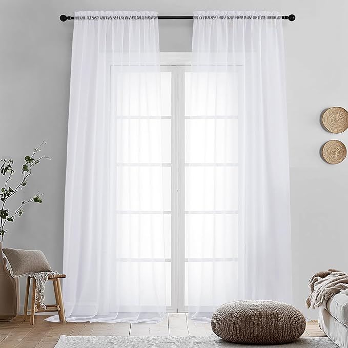 OVZME 2 Panels White Sheer Curtains 96" Length for Bedroom, Elegant Light Filtering Sheer White Curtains Window Treatment for Living Room & Sliding Glass Door, Each 42Wx96L