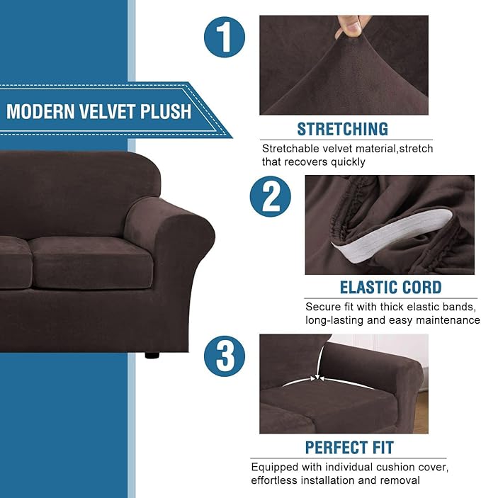 H.VERSAILTEX Rich Velvet Stretch 2 Piece Cover Chair Slipcover Sofa Cover Furniture Protector Couch Soft with Elastic Bottom Chair Couch Cover with Arms Width Up to 49 Inch(Chair,Brown)