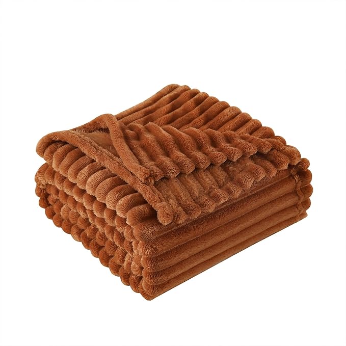 Burnt Orange Fleece Throw Blanket 50”×60” for Couch Sofa Bed,Super Soft Cozy Plush Microfiber Flannel Blanket with Stripes Design Lightweight for Adults,Woman,Girls