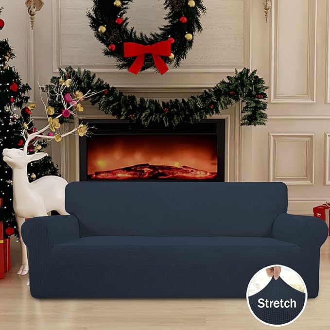 Easy-Going Stretch Sofa Slipcover 1-Piece Sofa Cover Furniture Protector Couch Soft with Elastic Bottom for Kids, Polyester Spandex Jacquard Fabric Small Checks (Sofa, Dark Blue)
