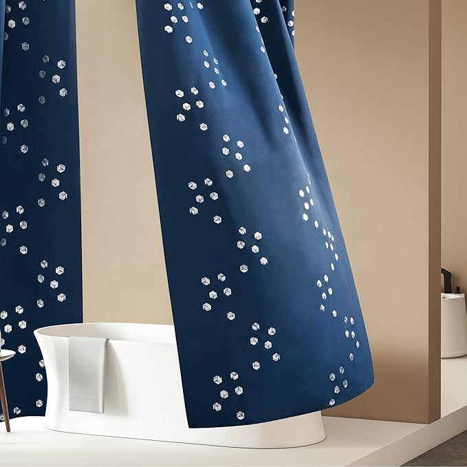 Deconovo Designer Series Silver Print Cubic Print Blackout Curtains for Living Room Bedroom, Thermal Insulated Soundproof Window Drapes, Grommet Top, Navy Blue, 52W x 84L Inch, 2 Panels