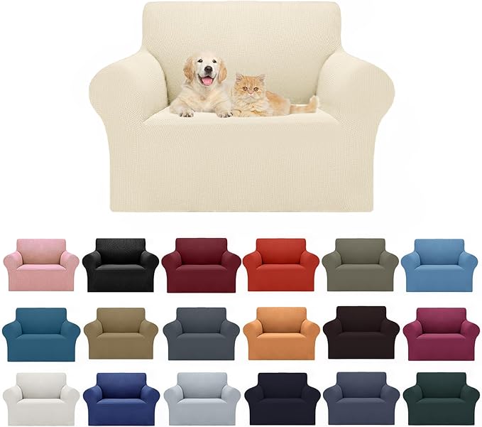 Cupuamon 2026 New Stretch Chair Sofa Slipcovers Couch Cover for 1 Seater Furniture Protector Sofa Covers with Elastic Bottom Jacquard Fabric Small Checks for Pets, Kids - Beige