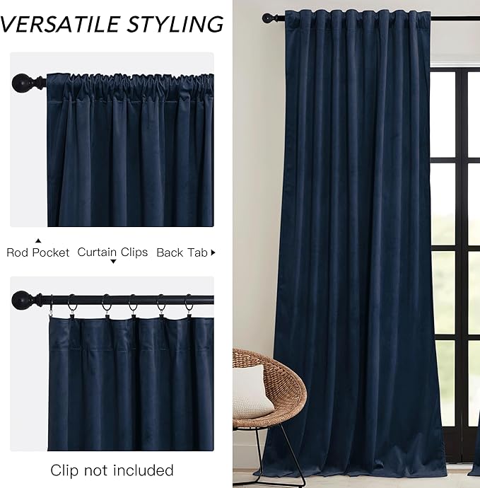 RYB HOME Navy Velvet Curtains 90 inches- Velevt Blackout Curtains for Bedroom, Soft Luxury Window Decor for Hotel Room Hall Kid Room, Navy Blue, W52 x L90 inches, 2 Panels