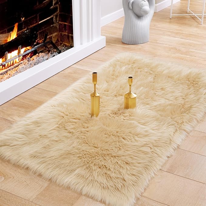Ciicool Beige Fur Fluffy Rug, 2x4 ft Small Faux Fur Rugs for Bedroom, Washable Faux Sheepskin Rug for Sofa Couch Seat Cushion, Thick Shaggy Furry Rugs Floor Carpets for Bedside Living Room
