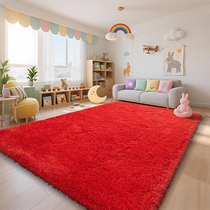 Red Shag Area Rugs for Bedroom Living Room,Ultra Soft Fluffy Christmas Area Rugs 5X8 for Dorm, Indoor Carpet Nursery Rugs for Kids Girls Room Home Decor