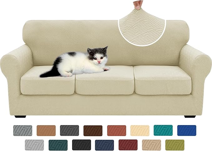 XINEAGE New 4 Pieces Couch Covers for 3 Cushion Couch Super Stretch Thick Soft Sofa Cover Anti Slip Sofa Slipcover Dogs Cats Furniture Protector (Light Beige, 71"-91")