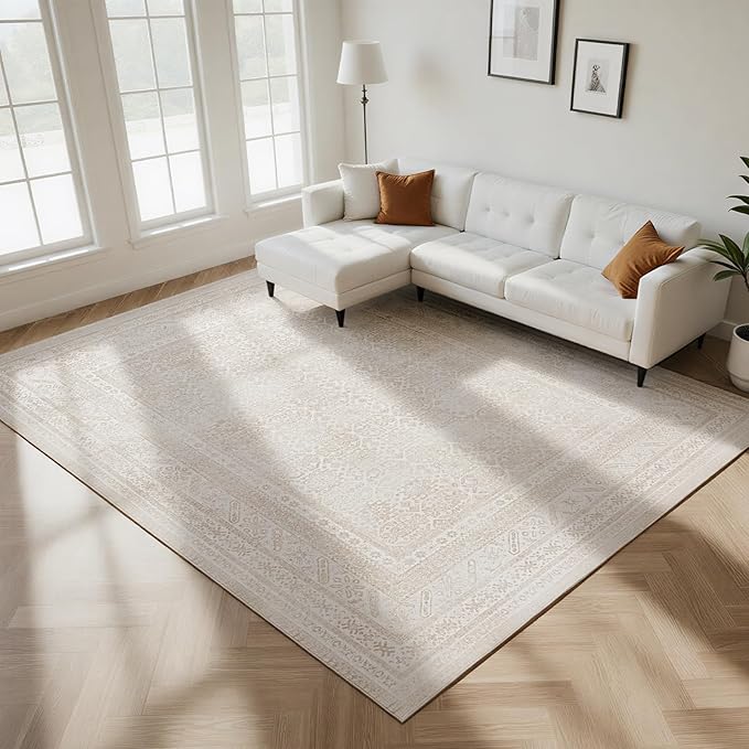 Washable Rugs 8x10 Area Rugs for Living Room- Vintage Brown Rugs for Bedroom,Dining Room, Large Soft Low Pile Carpet with Non Slip Rubber Backing,Neutral Accent Rug for Nursery Home Office