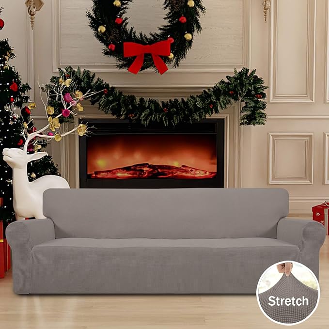 Easy-Going Stretch 4 Seater Sofa Slipcover 1-Piece Sofa Cover Furniture Protector Couch Soft with Elastic Bottom for Kids, Polyester Spandex Jacquard Fabric Small Checks Taupe
