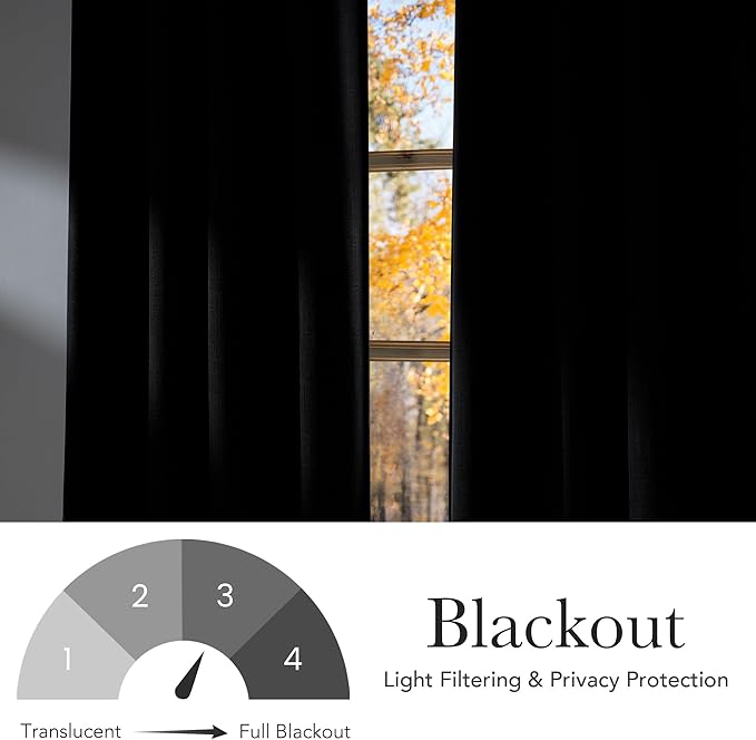 NICETOWN Black Faux Linen Room Darkening Rod Pocket Curtains 63 inch Length, W42 x L63, Light Blocking Thermal Insulated Noise Reducing Drapes for Bedroom Living Room Farmhouse Decor, 2 Panels