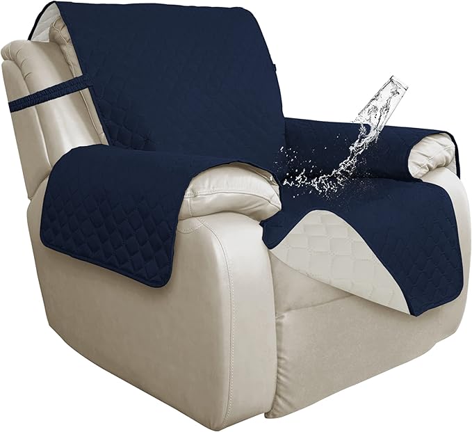 ISSUNTEX Double Protection 100% Waterproof Recliner Covers for Living Room, Reversible Furniture Protector Recliner Couch Sofa Slipcover for Dogs, Pets, Kids (Oversized Recliner, Navy/Ivory)