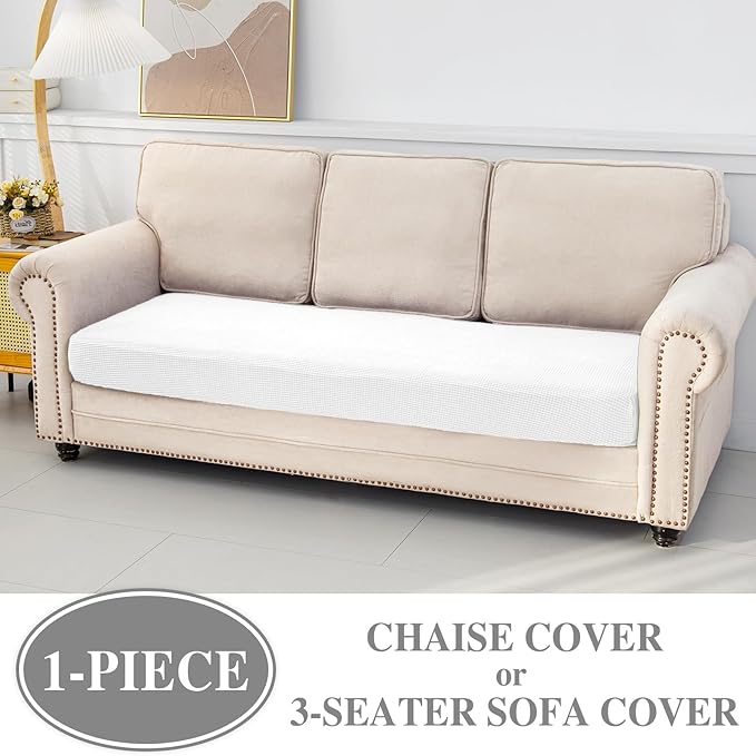 Couch Cushion Cover Chaise Lounge Cover Washable Separate Seat Chaise Couch Cover Stretch Sectional Sofa Slipcover(1 Piece for Chaise or Sofa 3-Seater, White)