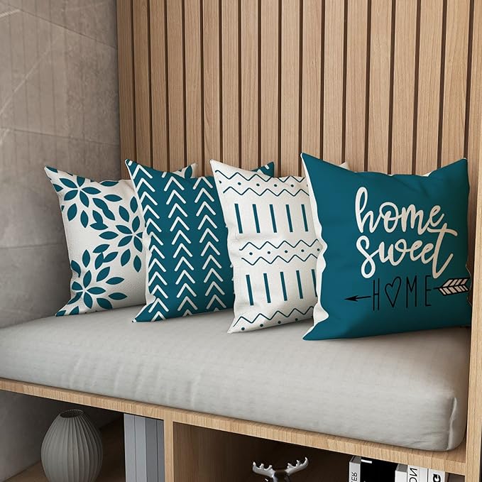 YCOLL Pillow Covers 16x16 Set of 4, Modern Sofa Throw Pillow Cover, Decorative Outdoor Linen Fabric Pillow Case for Couch Bed Car,Teal