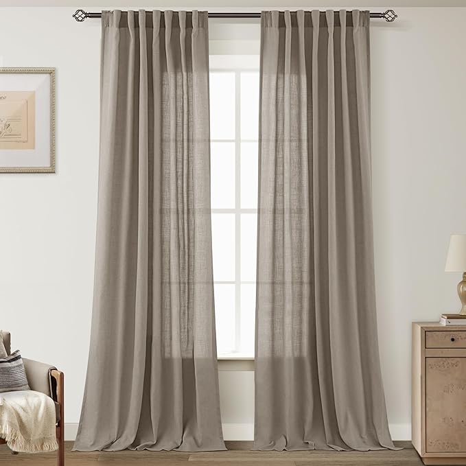 Taupe Linen Curtains 120 inches Long for Living Room Back Tab Rustic Farmhouse Semi Sheer Light Filtering Window Curtain Dining Room Soft Thick Flax Linen Textured Drapes Burlywood Birch Dark Brown