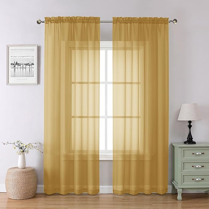 Chyhomenyc Gold Sheer Curtains 84 Inches Long 2 Panels, Light Filtering Gold Curtains for Living Room, Soft Gentle Voile Rod Pocket Bedroom Window Drapes, 59Wx84L Inch, 2PCS