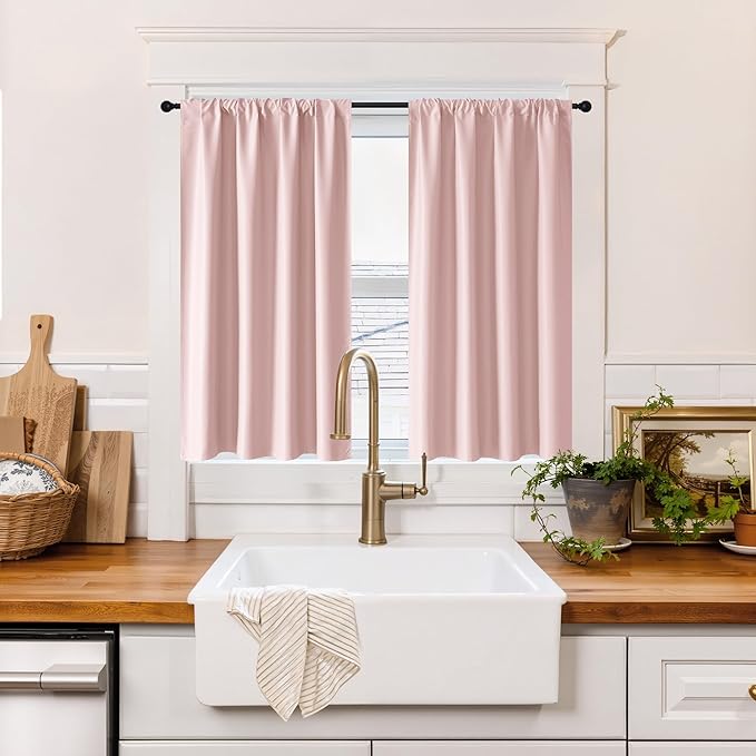 RYB HOME 100% Blackout Short Curtains for Small Window, Thermal Insulated Total Room Darkening Noise Reducing Curtains for Kitchen Bathroom Basement, 42 inches Wide by 36 inches Long, Baby Pink