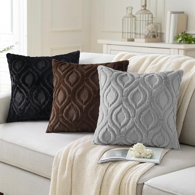 decorUhome Throw Pillow Covers 22x22 Inch Set of 2, Soft Plush Faux Wool Black Solid Couch Pillow Covers, Accent Euro Sham Farmhouse Neutral Square Pillow Cases for Sofa Bed Living Room