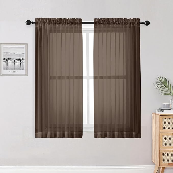 OWENIE Sheer Curtains 54 inches Long for Living Room Bedroom, Rod Pocket Light Filtering Voile Sheers Panels Drapes Small Window Treatments 2 Panels, 42" W x 54" L, Chocolate