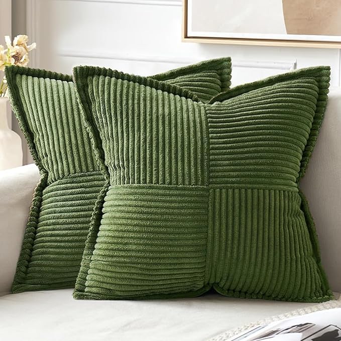 MIULEE Spring Decorative Throw Pillow Covers for Couch Bed Livingroom 16x16 Inch Set of 2 Moss Green Boho Accent Throw Pllows Broadside Striped Patchwork Soft Corduroy Summer Pillowcases