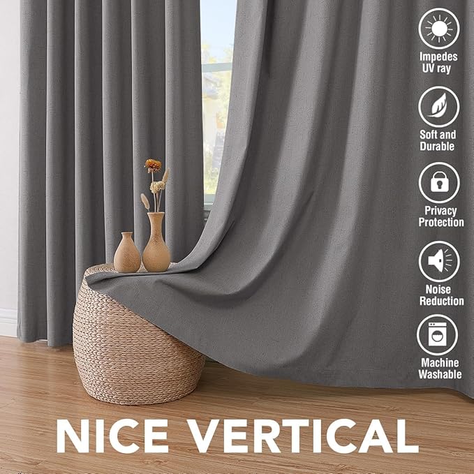 H.VERSAILTEX Linen Curtains 100% Blackout Curtains for Bedroom 90 inch Long Full Light Blocking Nature Linen Blended Window Curtains for Living Room Nickel Grommet (2 Panels, Grey)