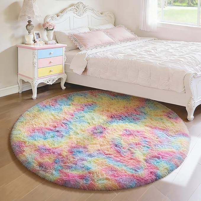 Ophanie Round Rugs 4Ft Rainbow Circle Area Rug, Colorful Unicorn Bedroom Dorm Decor for Teen Girls, Cute Fluffy Fuzzy Plush Soft Shaggy Living Room Carpet for Kids Baby Home Aesthetic Nursery Playroom