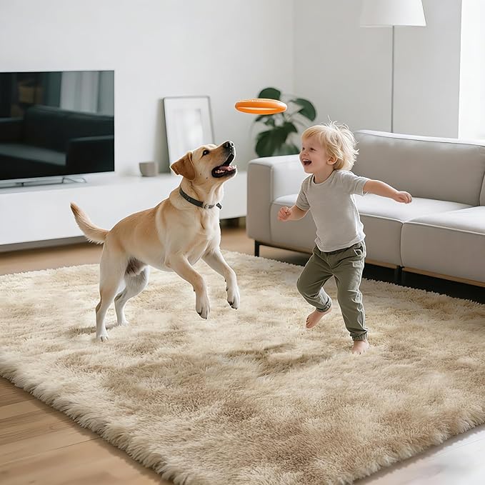 Shag Area Rugs for Bedroom Living Room,5X8 Ultra Soft Fluffy Area Rugs for Dorm, Indoor Carpet Nursery Rugs for Kids Room Home Decor,Camel