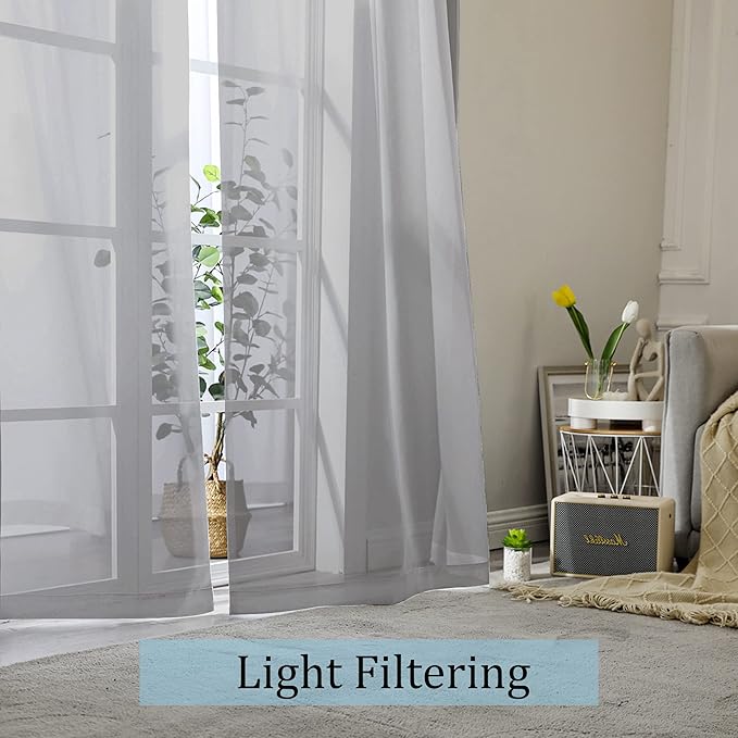 OWENIE Sheer Curtains Grey 45 Inches Long, Light Filtering Tiers for Kitchen, Basement, Bedroom, Short Panels Rod Pocket 2 Panels, Cafe Small Window, 42" W x 45" L