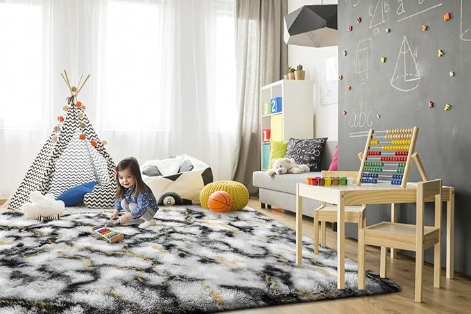 TWINNIS Super Soft Shaggy Rugs Fluffy Carpets, 4x5.9 Feet, Indoor Modern Plush Area Rugs for Living Room Bedroom Kids Room Nursery Home Decor, Upgrade Anti-Skid Rectangular Fuzzy Rug, Grey Gold