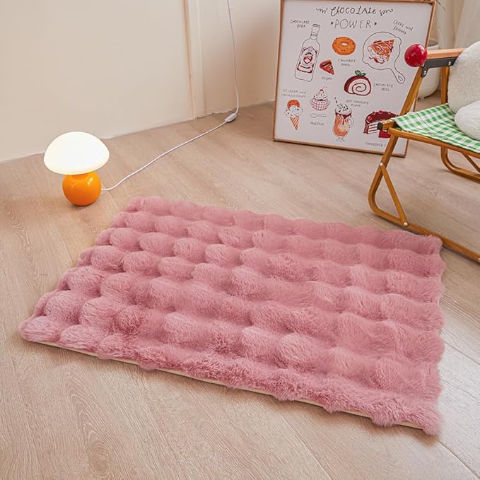 Pink Rabbit Plush Rug 2'x3', Fluffy Faux Fur Shaggy Area Rug for Nursery, Kids Room Decor, Soft Fuzzy Carpet for Living Room, Bedroom, Teen Girls Room