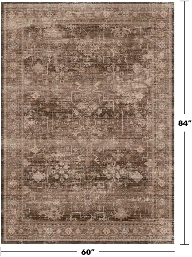 Hazo Haus Boho Taupe Brown 5x7 Living Room Rug - Modern Vintage Traditional Oriental Neutral, Washable Low Pile Non-Slip Large Area Rugs for Nursery Dining Under Table