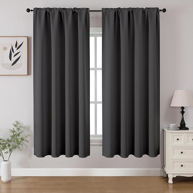 CUCRAF Dark Grey Blackout Curtains 54 inch Length 2 Panels Set, Rod Pocket Room Darkening Drapes for Bedroom Living Room, Insulated Thermal Light Blocking Window Curtain (W52 x L54 Inch)