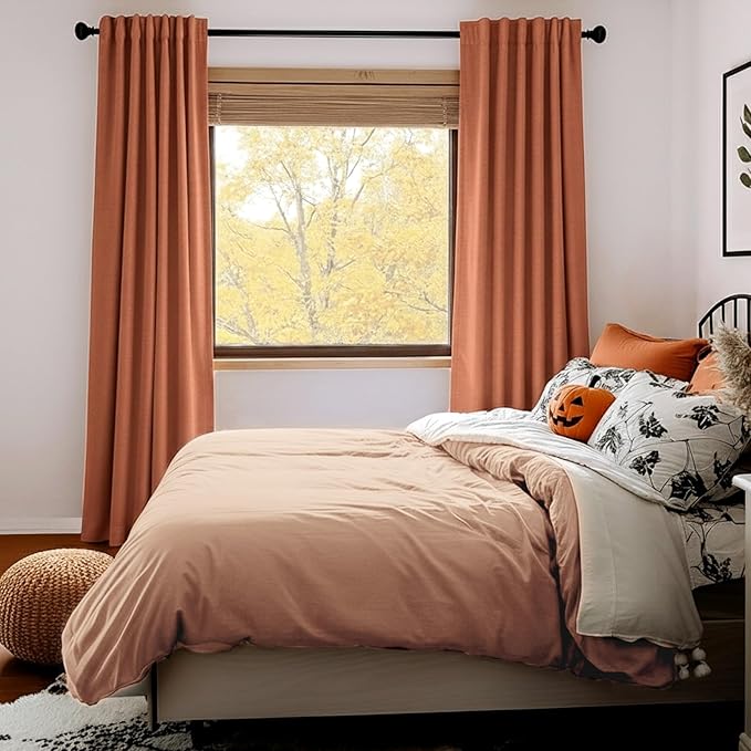 100% Blackout Shield Linen Blackout Curtains for Bedroom 108 Inches Long, Back Tab/Rod Pocket Living Room Drapes, Thermal Insulated Blackout Curtains 2 Panels Set, 50" W x 108" L, Burnt Orange