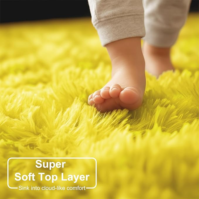 Amdrebio Yellow Round Circle Area Rug 5Ft for Bedroom Living Room, Fluffy Fuzzy Plush Rugs for Kids Room Decor Aesthetic, Cute Furry Shag Kawaii Circular Carpet for Classroom Nursery Teen Girls Boys