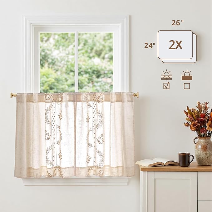 jinchan Belrose Linen Floral Kitchen Curtains 24 inch Length Embroidered Farmhouse Cafe Curtains for Living Room Bathroom Small Windows Curtain Set Sheer Light Filtering 2 Panels Beige