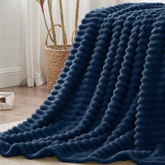BEDELITE Blankets Queen Size for Bed, 300GSM Soft & Warm Fleece Blanket, Decorative and Giftable Striped Navy Blankets for Women, Men, 90"x90"