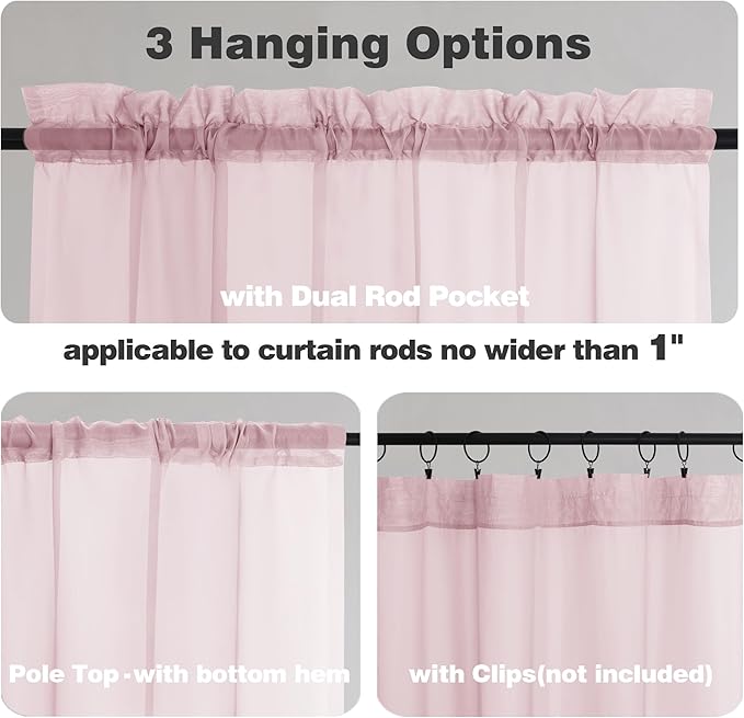 Chyhomenyc Sheer Curtains 36 inch Length 2 Panels, Light Filtering Voile Rod Pocket Short Window Sheer Curtians for Bathroom Living Room, 2PCS, Blush Pink