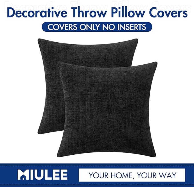 MIULEE Halloween Pack of 2 Couch Throw Pillow Covers 18x18 Inch Soft Black Chenille Pillow Covers for Sofa Living Room Solid Dyed Pillow Cases
